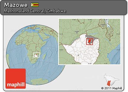 Savanna Style Location Map of Mazowe, highlighted country, highlighted parent region, hill shading