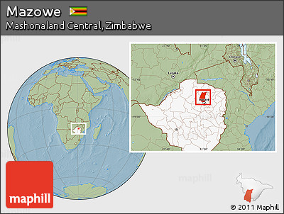 Savanna Style Location Map of Mazowe, highlighted country, hill shading