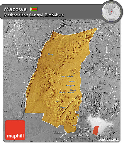 Physical Map of Mazowe, desaturated