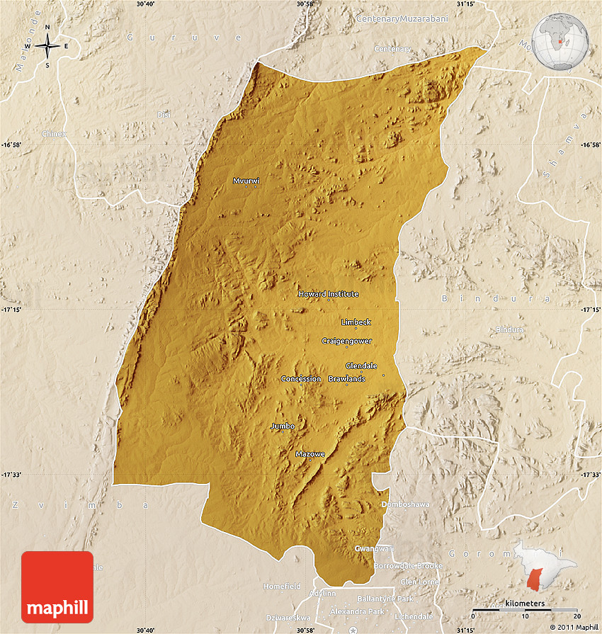 Physical Map of Mazowe, lighten