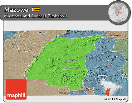 Political Panoramic Map of Mazowe, semi-desaturated