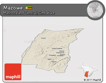 Shaded Relief Panoramic Map of Mazowe, cropped outside