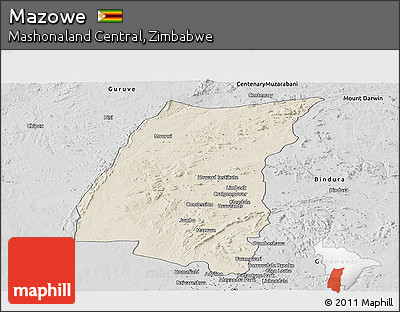 Shaded Relief Panoramic Map of Mazowe, desaturated