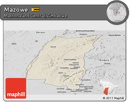 Shaded Relief Panoramic Map of Mazowe, desaturated