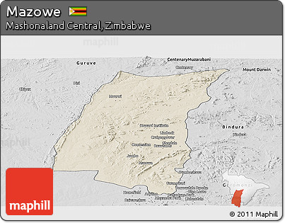 Shaded Relief Panoramic Map of Mazowe, desaturated