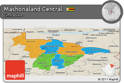 Political Panoramic Map of Mashonaland Central, shaded relief outside