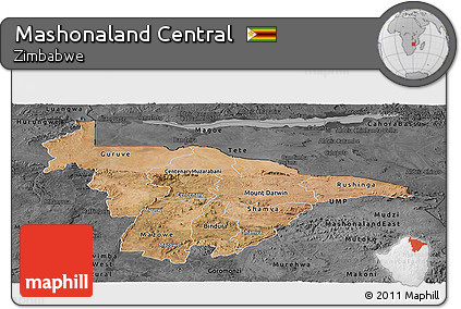 Satellite Panoramic Map of Mashonaland Central, darken, desaturated