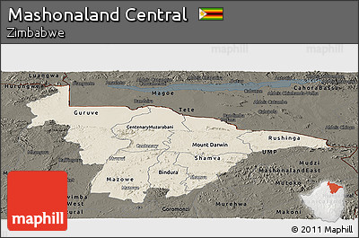 Shaded Relief Panoramic Map of Mashonaland Central, darken