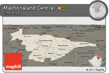 Shaded Relief Panoramic Map of Mashonaland Central, darken
