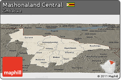Shaded Relief Panoramic Map of Mashonaland Central, darken