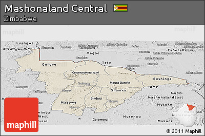 Shaded Relief Panoramic Map of Mashonaland Central, desaturated