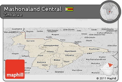 Shaded Relief Panoramic Map of Mashonaland Central, desaturated