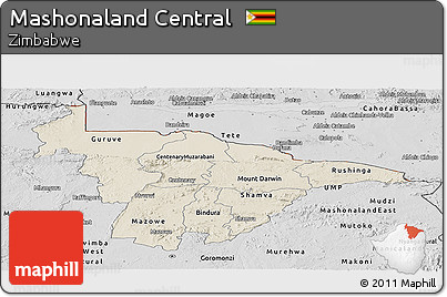 Shaded Relief Panoramic Map of Mashonaland Central, desaturated