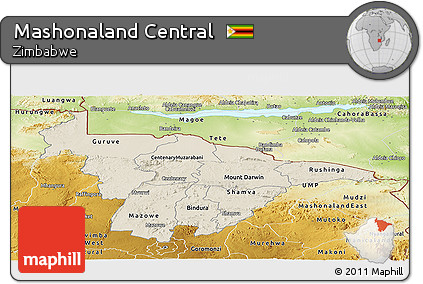 Shaded Relief Panoramic Map of Mashonaland Central, physical outside