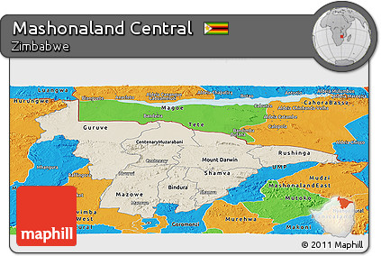 Shaded Relief Panoramic Map of Mashonaland Central, political outside