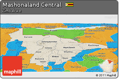Shaded Relief Panoramic Map of Mashonaland Central, political outside
