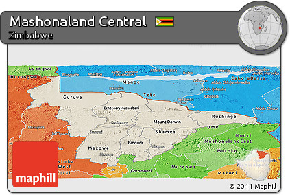 Shaded Relief Panoramic Map of Mashonaland Central, political shades outside