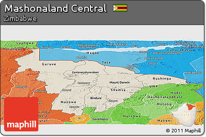 Shaded Relief Panoramic Map of Mashonaland Central, political shades outside