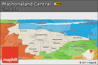 Shaded Relief Panoramic Map of Mashonaland Central, political shades outside