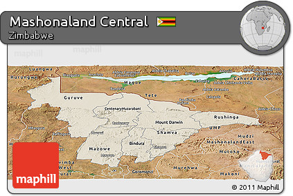Shaded Relief Panoramic Map of Mashonaland Central, satellite outside