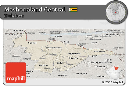 Shaded Relief Panoramic Map of Mashonaland Central, semi-desaturated