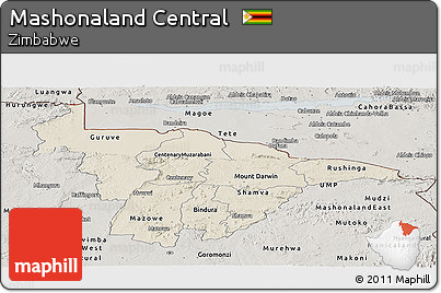 Shaded Relief Panoramic Map of Mashonaland Central, semi-desaturated