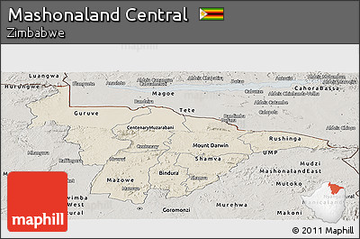 Shaded Relief Panoramic Map of Mashonaland Central, semi-desaturated