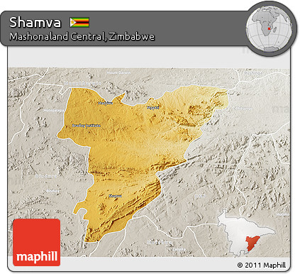 Physical 3D Map of Shamva, lighten, semi-desaturated