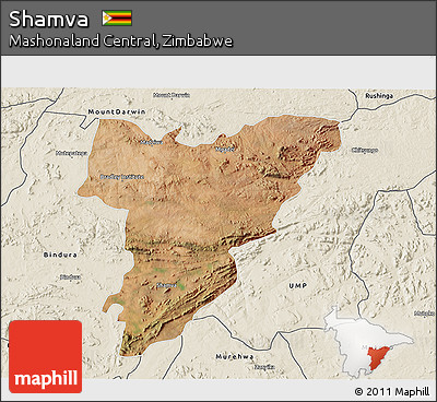 Satellite 3D Map of Shamva, shaded relief outside