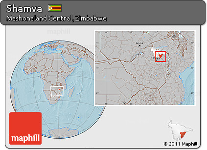 Gray Location Map of Shamva, highlighted parent region, within the entire country, hill shading