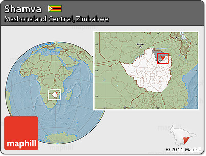 Savanna Style Location Map of Shamva, highlighted country, highlighted parent region, within the entire country, hill shading
