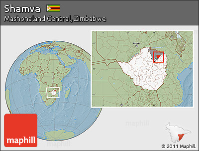 Savanna Style Location Map of Shamva, highlighted country, highlighted parent region, within the entire country, hill shading