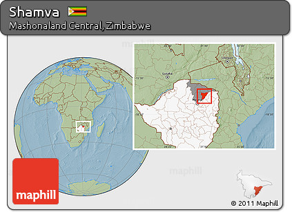 Savanna Style Location Map of Shamva, highlighted country, highlighted parent region, hill shading