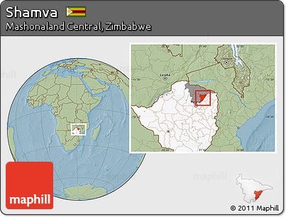 Savanna Style Location Map of Shamva, highlighted country, highlighted parent region, hill shading