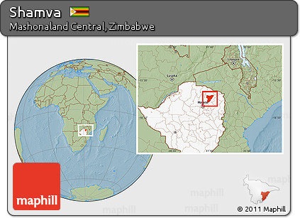 Savanna Style Location Map of Shamva, highlighted country, hill shading