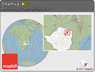 Savanna Style Location Map of Shamva, highlighted country, hill shading