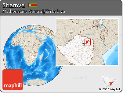 Shaded Relief Location Map of Shamva, highlighted country
