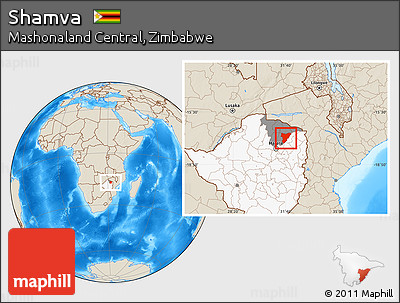 Shaded Relief Location Map of Shamva, highlighted country, highlighted parent region