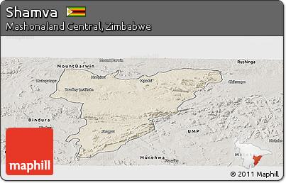 Shaded Relief Panoramic Map of Shamva, semi-desaturated