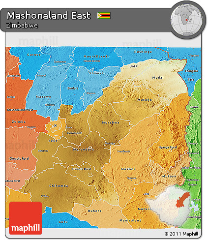 Physical 3D Map of Mashonaland East, political shades outside