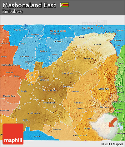 Physical 3D Map of Mashonaland East, political shades outside