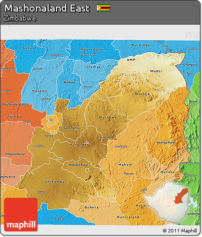 Physical 3D Map of Mashonaland East, political shades outside