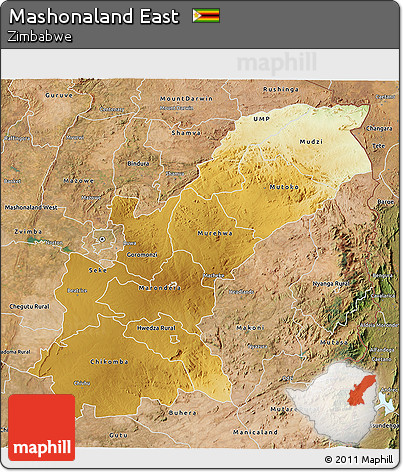 Physical 3D Map of Mashonaland East, satellite outside
