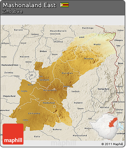 Physical 3D Map of Mashonaland East, shaded relief outside