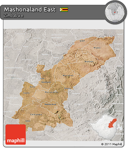 Satellite 3D Map of Mashonaland East, lighten, semi-desaturated