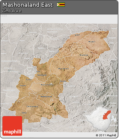 Satellite 3D Map of Mashonaland East, lighten, semi-desaturated