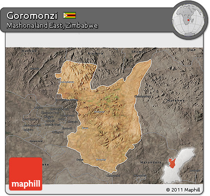 Satellite 3D Map of Goromonzi, darken, semi-desaturated