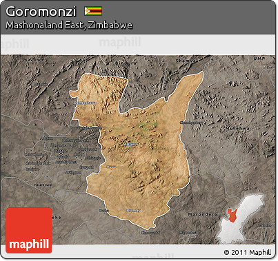 Satellite 3D Map of Goromonzi, darken, semi-desaturated