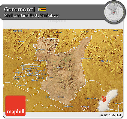 Satellite 3D Map of Goromonzi, physical outside