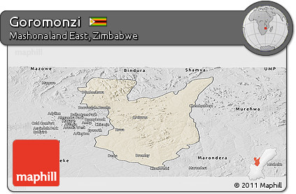 Shaded Relief Panoramic Map of Goromonzi, desaturated